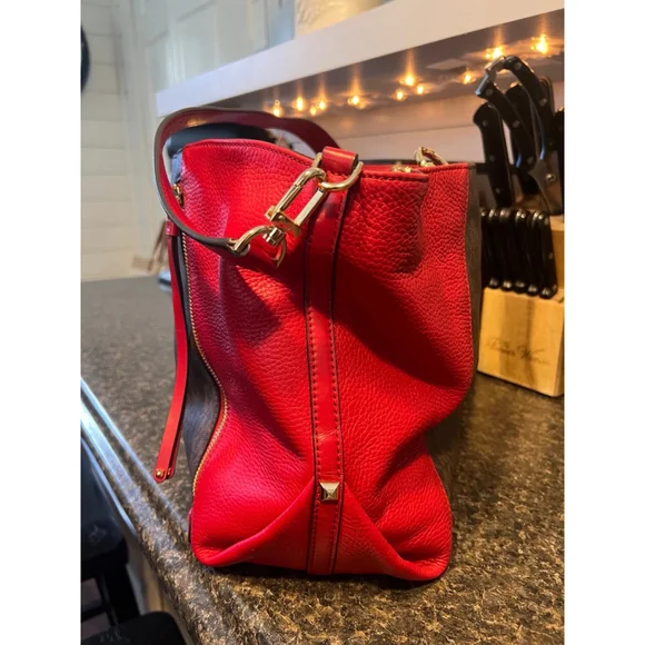 MICHAEL KORS Brooklyn Large Logo and Pebbled Leather Tote Bag Red/Brown - Picture 3 of 11